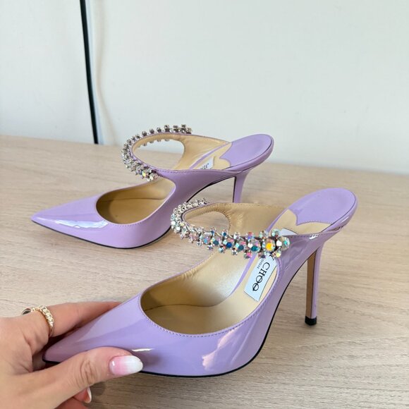 Jimmy Choo Bing 100 Mules Lilac Patent Leather Crystal Embellished Pointed Toe - Picture 7 of 12